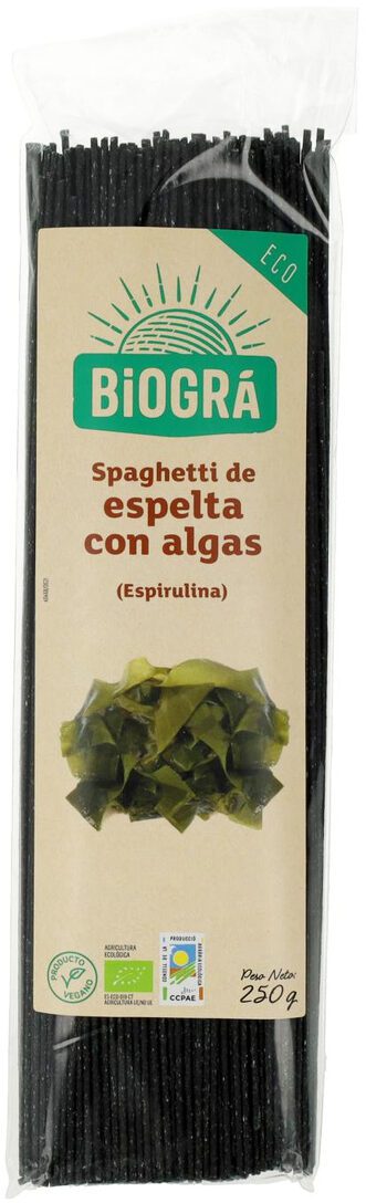 Spaguetti espelta con algas (espirulina y fucus) 250 g.